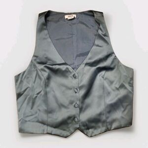 Jason Wu Vest Womens Medium Green Button Up Satin Vneck Princess Seam Trendy